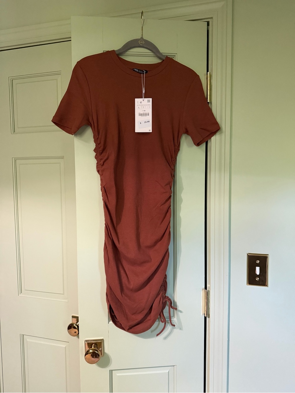 Zara Ruched Ribbed Dress in Rust